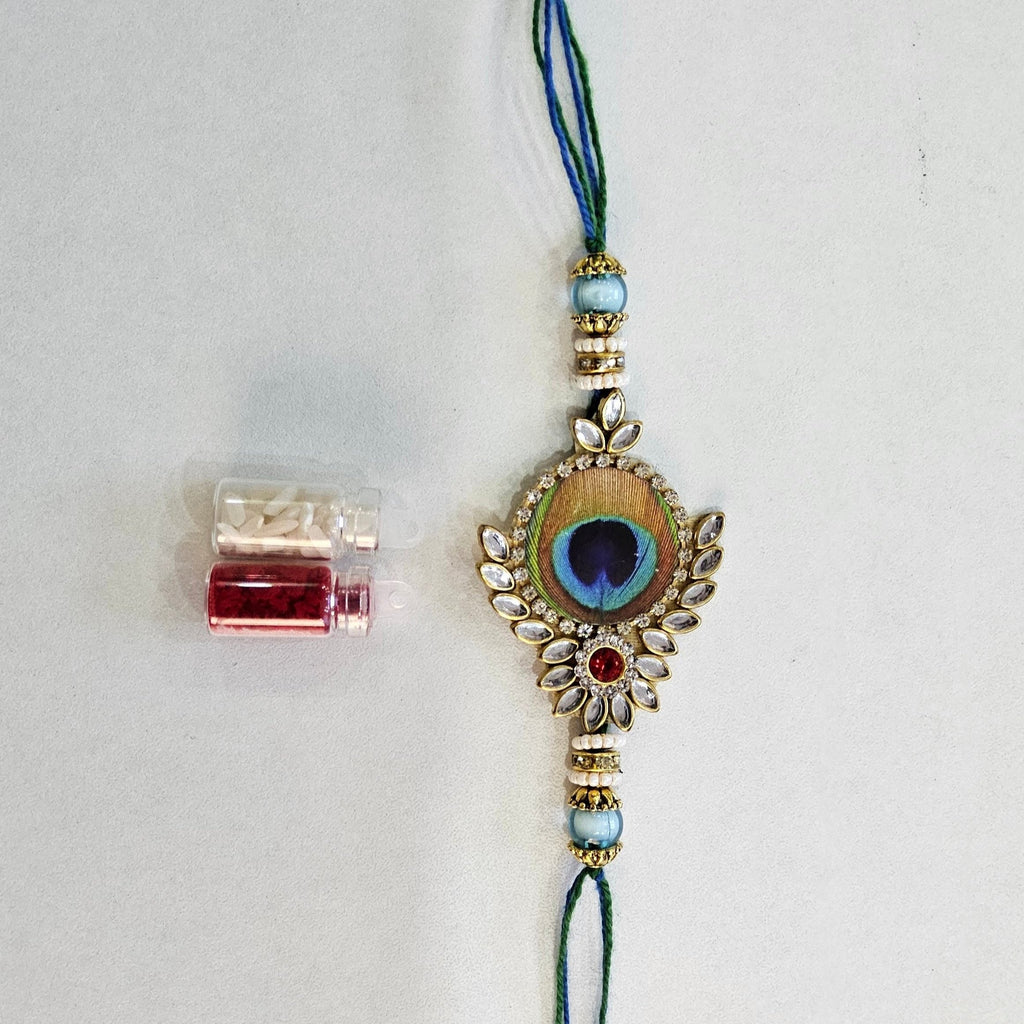 ELEGANT AND BEAUTIFUL PEACOCK FEATHER KUNDAN RAKHI